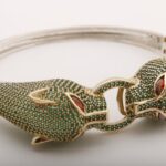 Double Tiger Head Shape Emerald Zircon and Marquise Cut Shiny Ruby 925 Sterling Silver Bangle