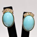 Natural Diamond And Turquoise Stone Decorated Earring - 18k Gold